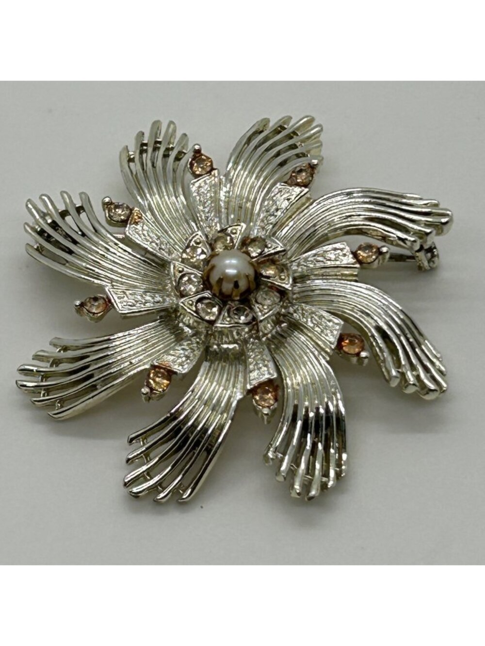 Vintage Ceil Chapman Brooch Gold Tone Pearl Rhinestone Flower Statburst Atomic